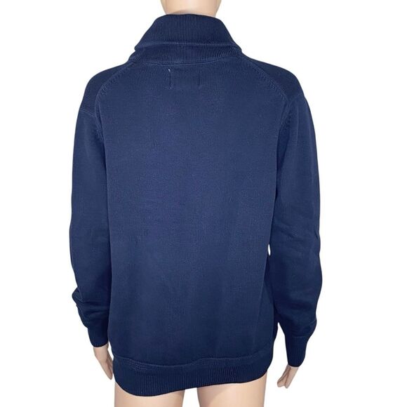 British Khaki Navy Blue Women's Sweater Size Medium High Neck Button Detail - Picture 3 of 5